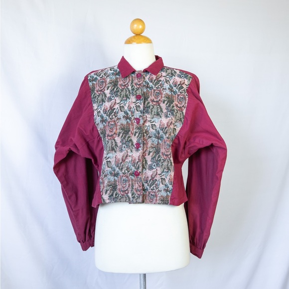 980's Burgundy Jacquard Tapestry Blouse with Victorian Floral Panels - Picture 7 of 8